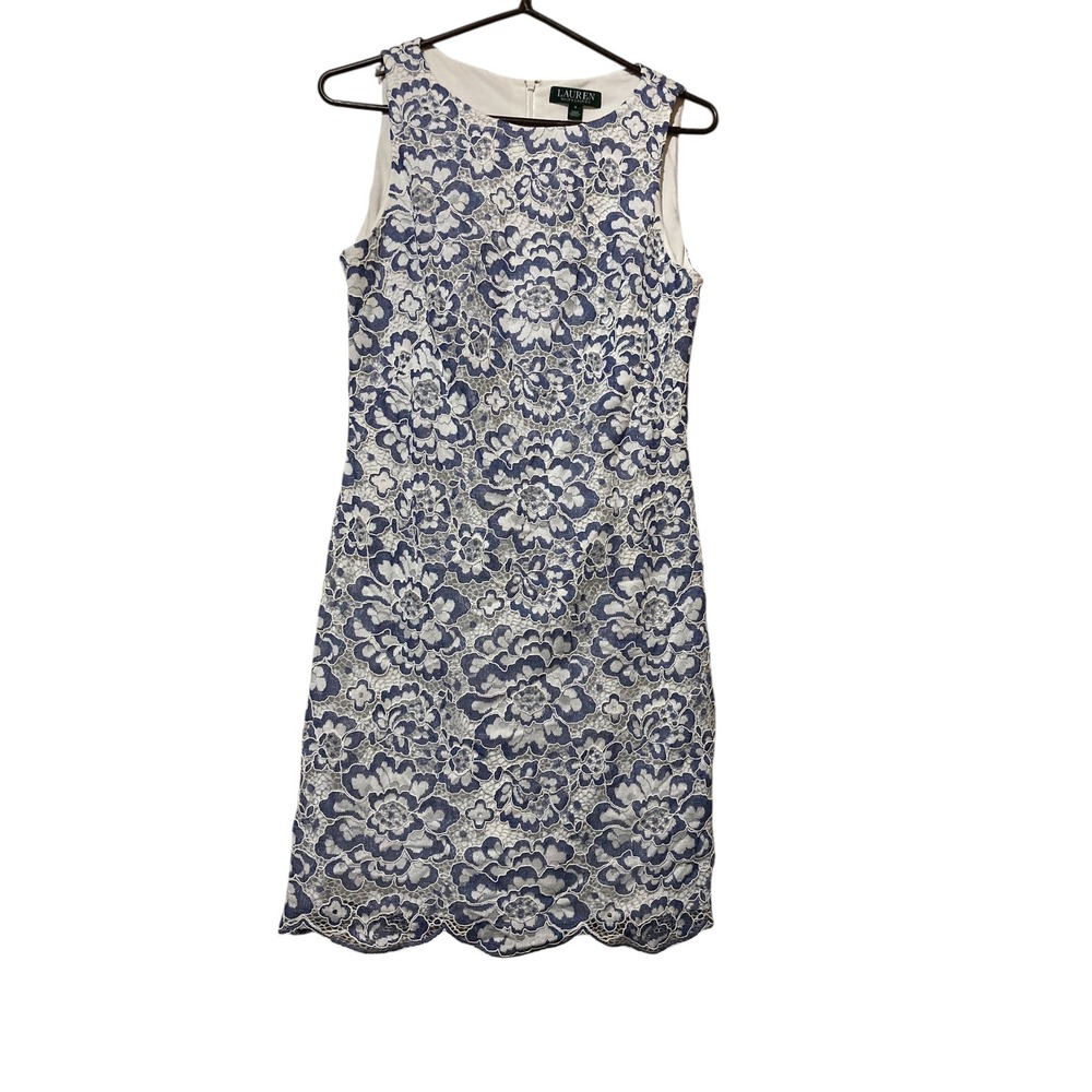 Lauren Ralph Lauren Blue White Floral Lace Scalloped Sheath Dress 8
